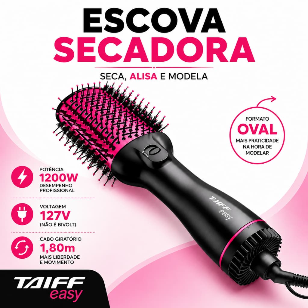Escova Secador Taiff Easy Pink 1200W 127v - Oval Modeladora Multifunção Profissional Alisadora