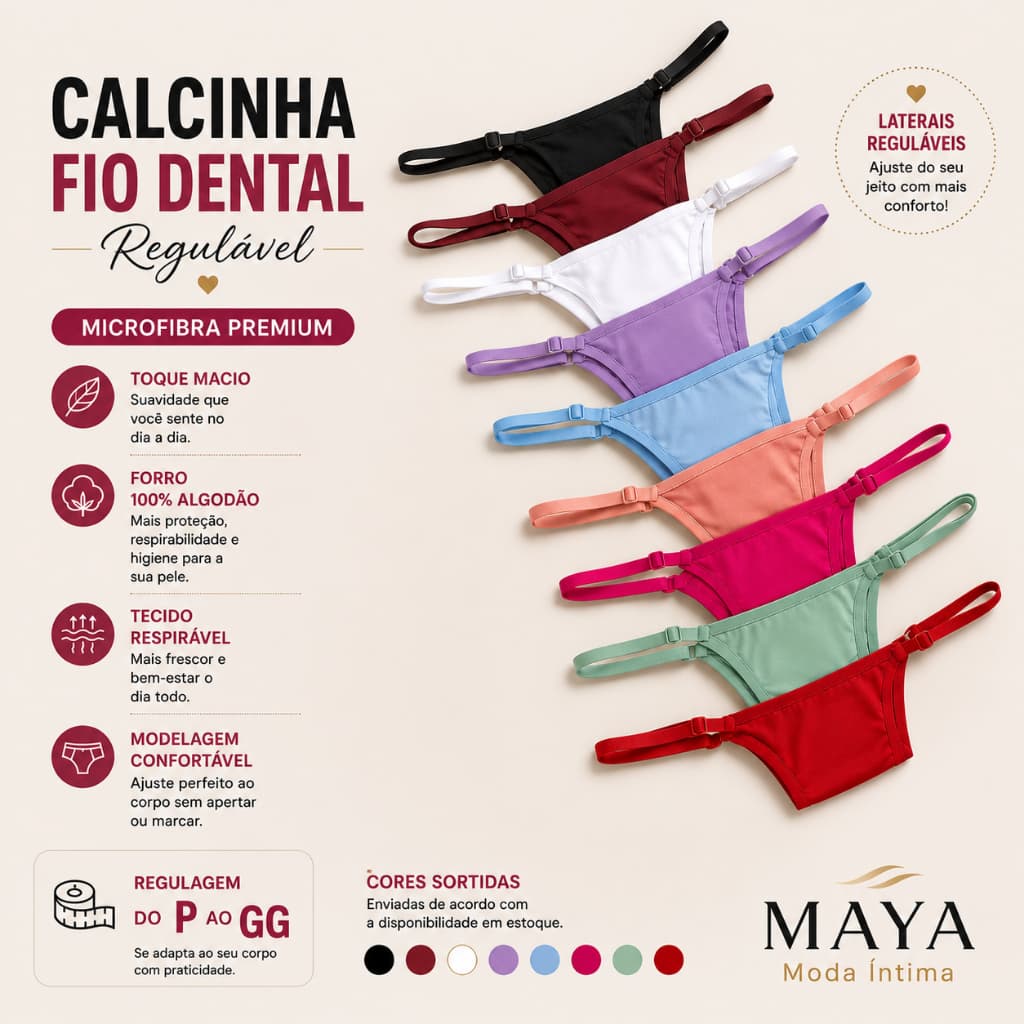 Calcinha Fio Dental Feminina Regulável Microfibra com Forro 100% Algodão Cores Sortidas P ao GG