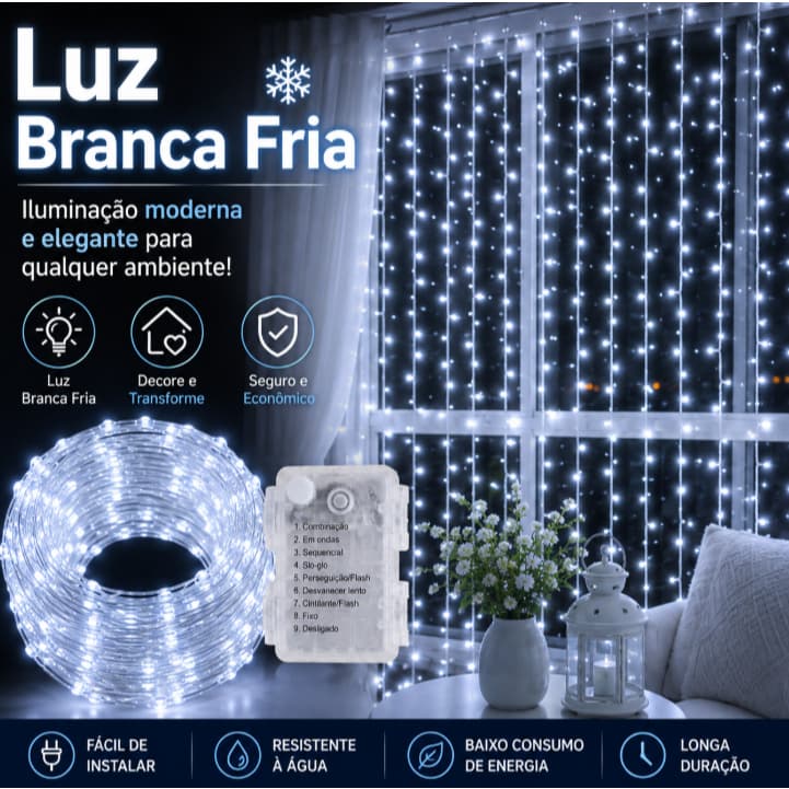 Cortina de LED Natal 3x3m 300 LEDs Luz Branca com Controlador | Pisca Pisca 110V ou 220V