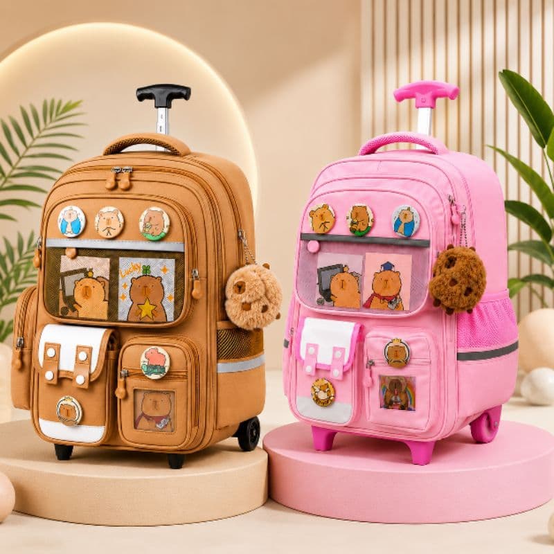 Mochila Escolar Capivara com Rodinhas Premium – Grande Capacidade, Impermeável + Kit  Brindes Grátis