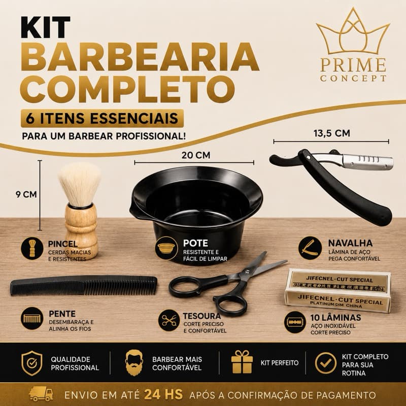 Kit Barbearia Completo com 1 a 6 Itens Navalhete + 10 Lâminas Pincel Pente Tesoura Pote Barba Masculina Barbeiro