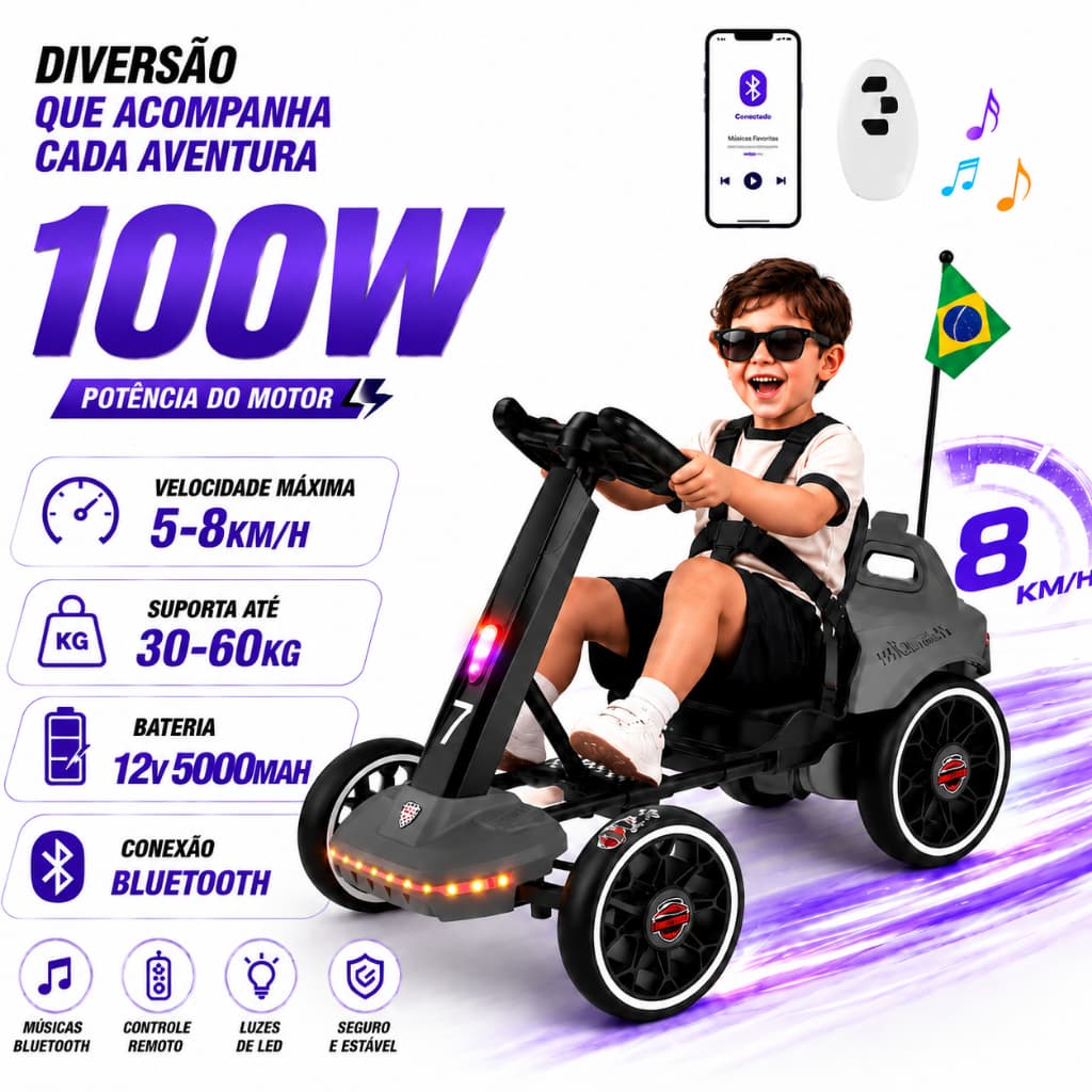 Trailforge-M1 Carro Elétrico Infantil Kart 100W Reprodução de música  Dois modos de condução