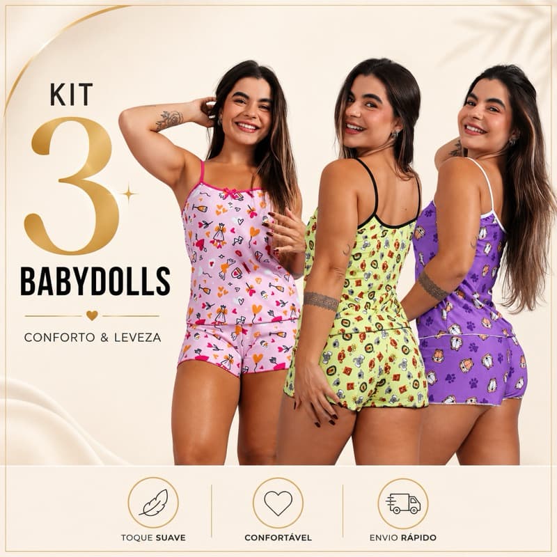 Kit 3 Conjuntos Baby Doll Feminino Short Doll Sem Bojo Estampado