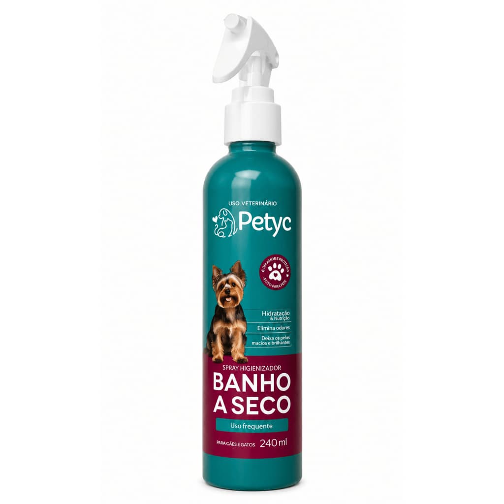 Banho a Seco Petyc Spray 240ml Cães Gatos Higiene Sem Enxágue Pelos Macios Limpeza Rápida Óleo Amêndoas