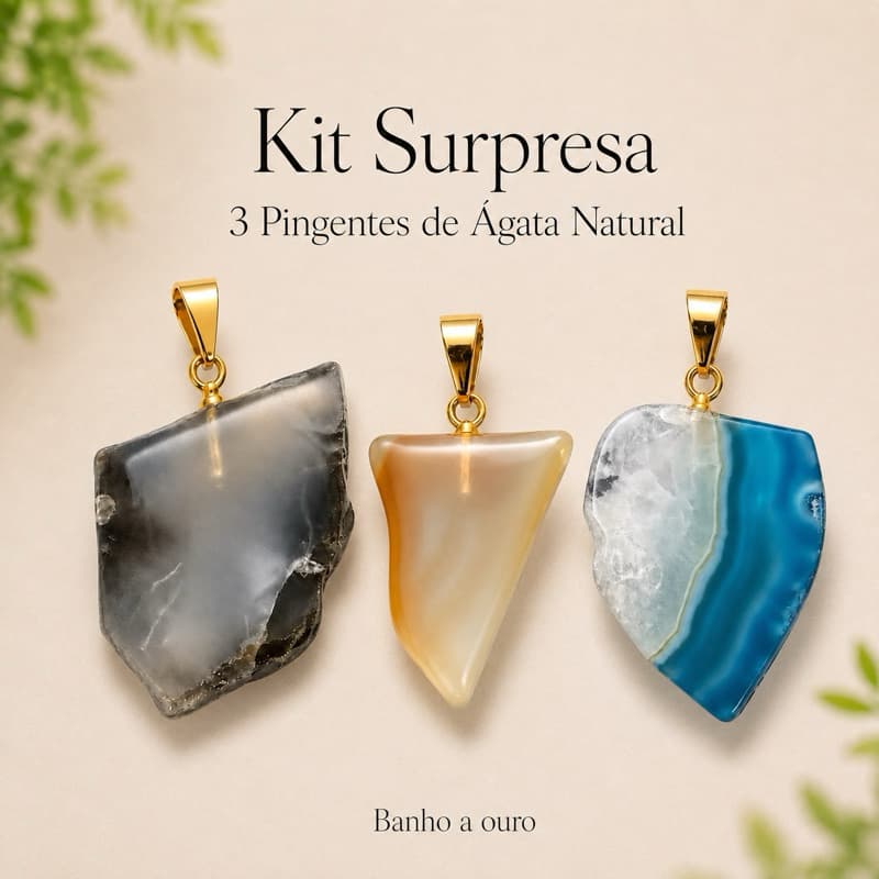 Kit 3 Pingentes Chapa de Ágata Natural Banho Ouro Pedra Natural Cristal Natural Surpresa Para Colares Presente