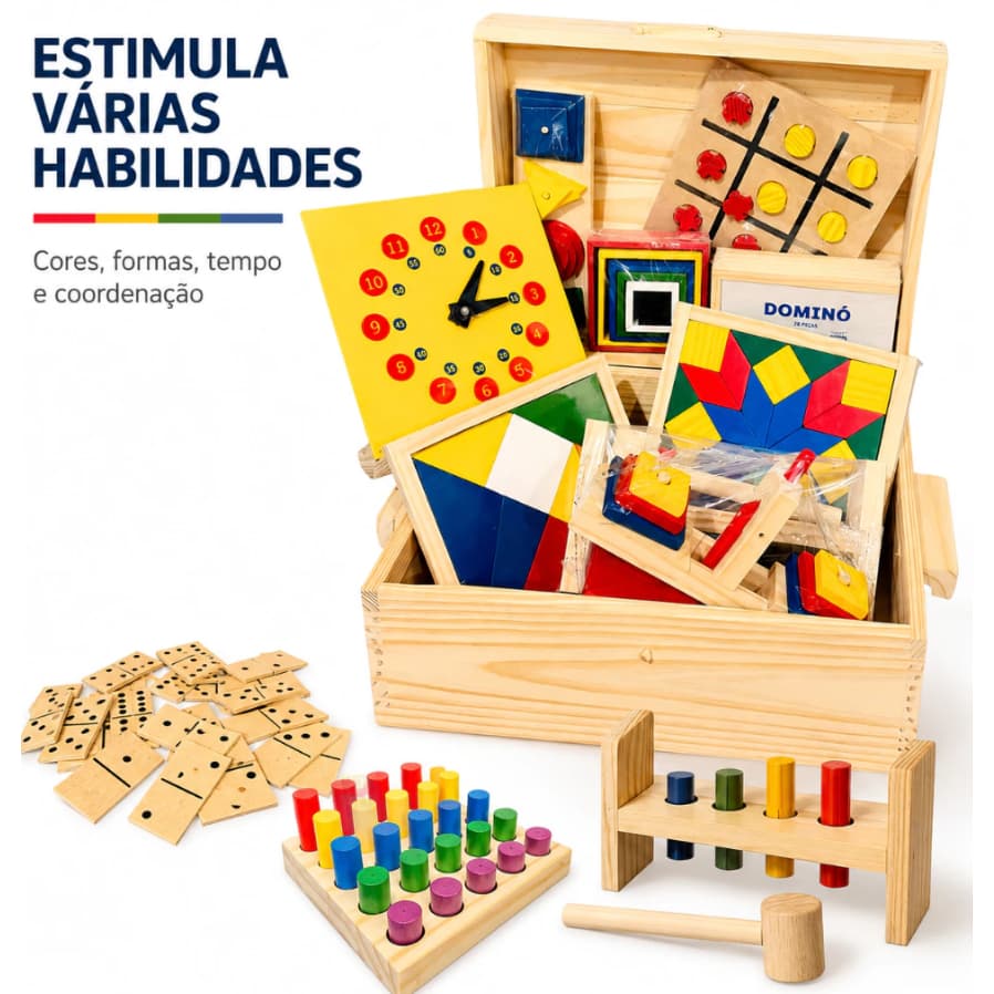 Baú Pedagógico em Madeira com 10 Jogos Educativos – Brinquedo Pedagógico Infantil