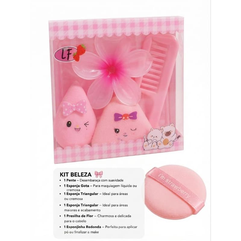 Kit Beleza Infantil Fofinho Esponja de Maquiagem Pente Presilha de Flor Kit Skincare Maquiagem Menina ENVIO IMEDIATO