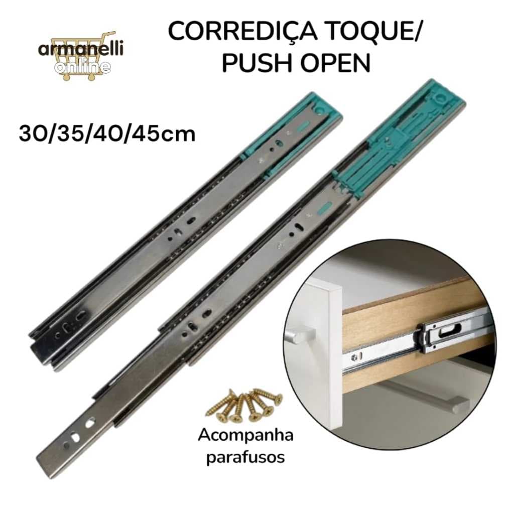 Par Corrediça Telescópica Trilho Fecho Toque/Push Open 40 Kg H45