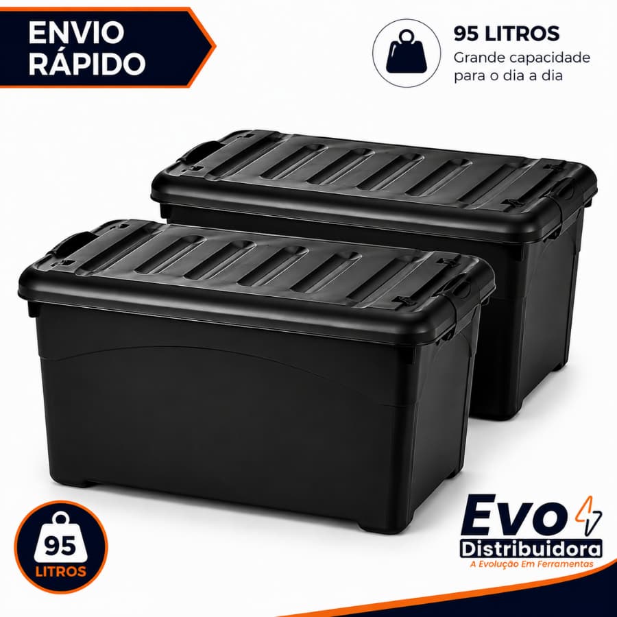 Kit 2 Unidades Caixa Organizadora 95 Litros Preta Com Rodinhas e Trava Para Transporte HeavyBox
