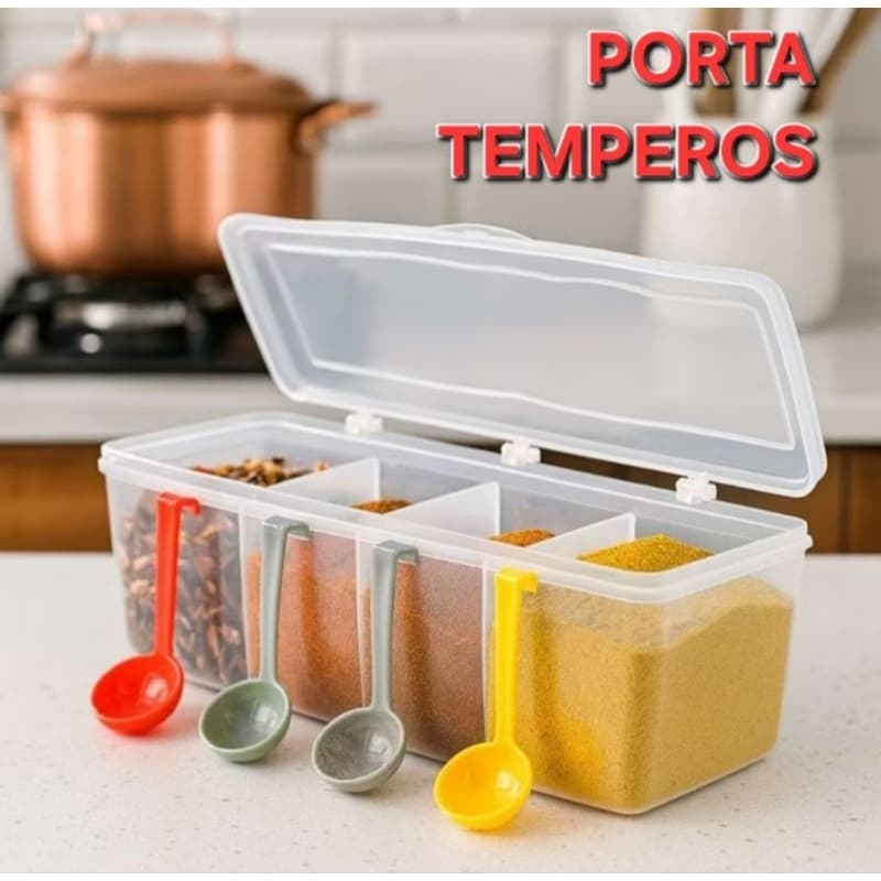 Pote Porta Temperos Organizador Com 4 Divisórias Plástico Resistente  Grátis 4 Mini Conchas Dosadoras