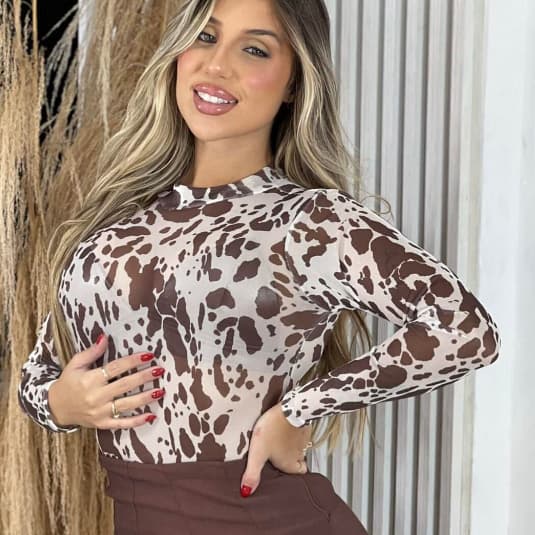 Body Tule Vaquinha Animal Print Manga Longa Transparente Moda Blogueira