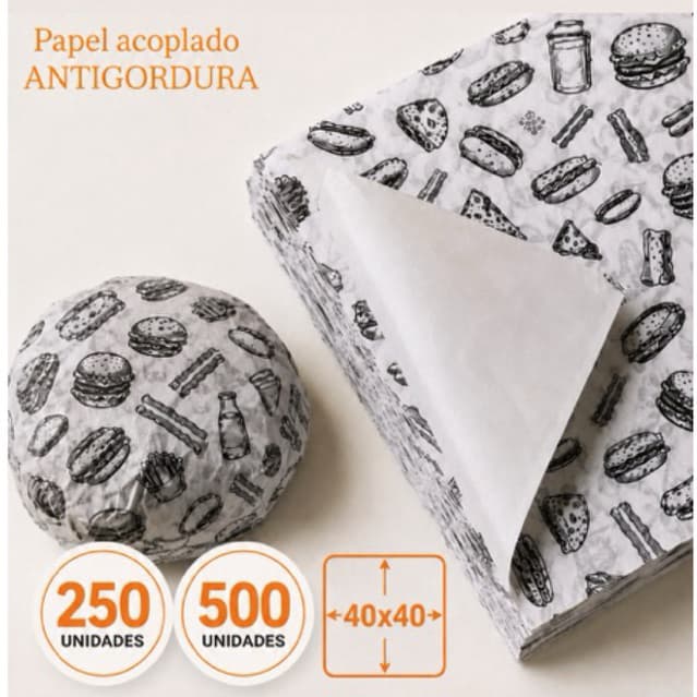 Papel Acoplado Antigordura 40x40 Embrulhar Hambúrguer Lanche Fast Food Burguer 250/500 Unidades Folhas