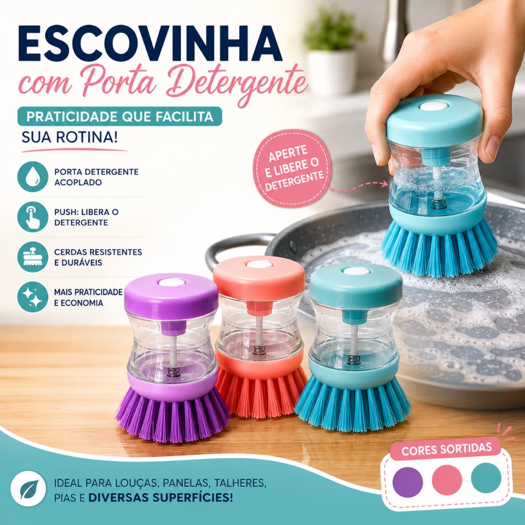 Escova Detergente Escovinha Dispenser Lava Louça Limpeza  Cozinha Pia Sabão Esponja Multiuso Dosador