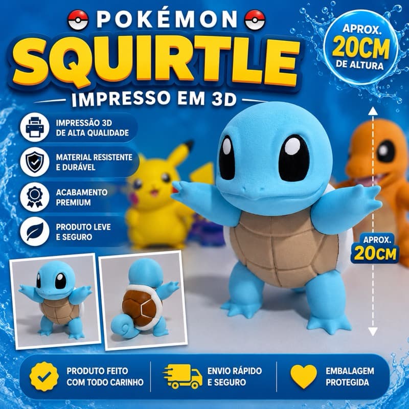 Boneco Squirtle em Impressão 3D 20cm – Decoração Geek Colecionável