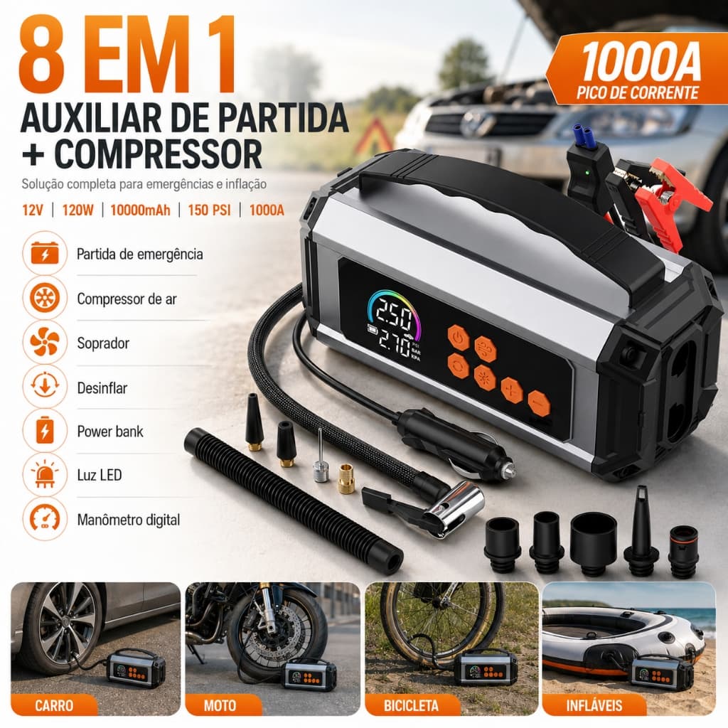 Auxiliar de Partida 8 em 1 12V Compressor de Ar Portátil 150 PSI Bomba De Encher Pneu Power Bank 10000mAh Lanterna LED
