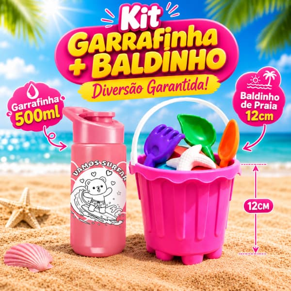 Kit Baldinho de Praia infantil + Garrafinha de Água 500ml Plástico