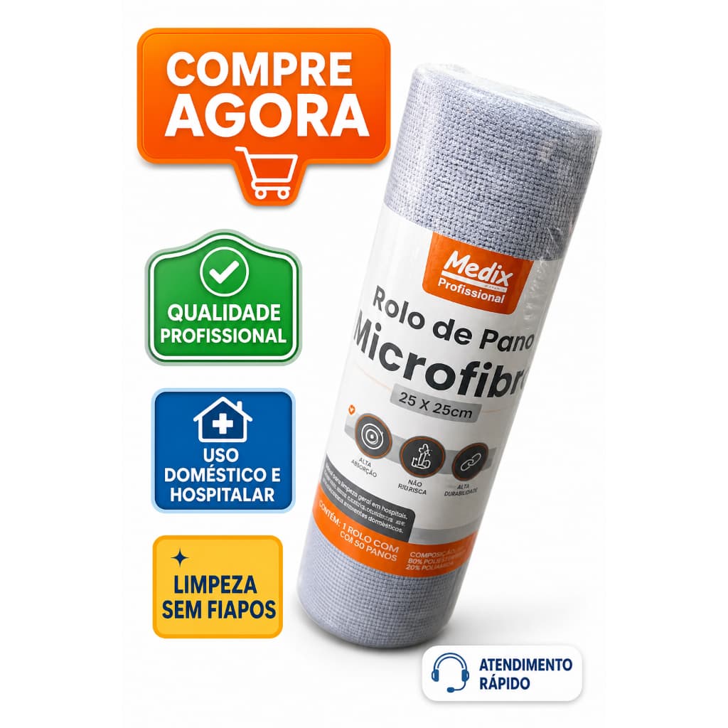 Rolo de Pano Microfibra 5 Metros com 20 Panos 25x25cm Destacáveis Alta Absorção