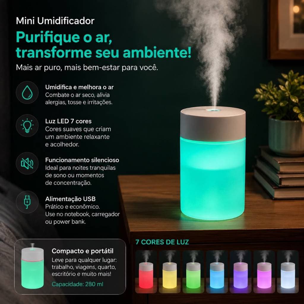 Umidificador de Ar Portátil USB 260ml LED RGB Silencioso Quarto