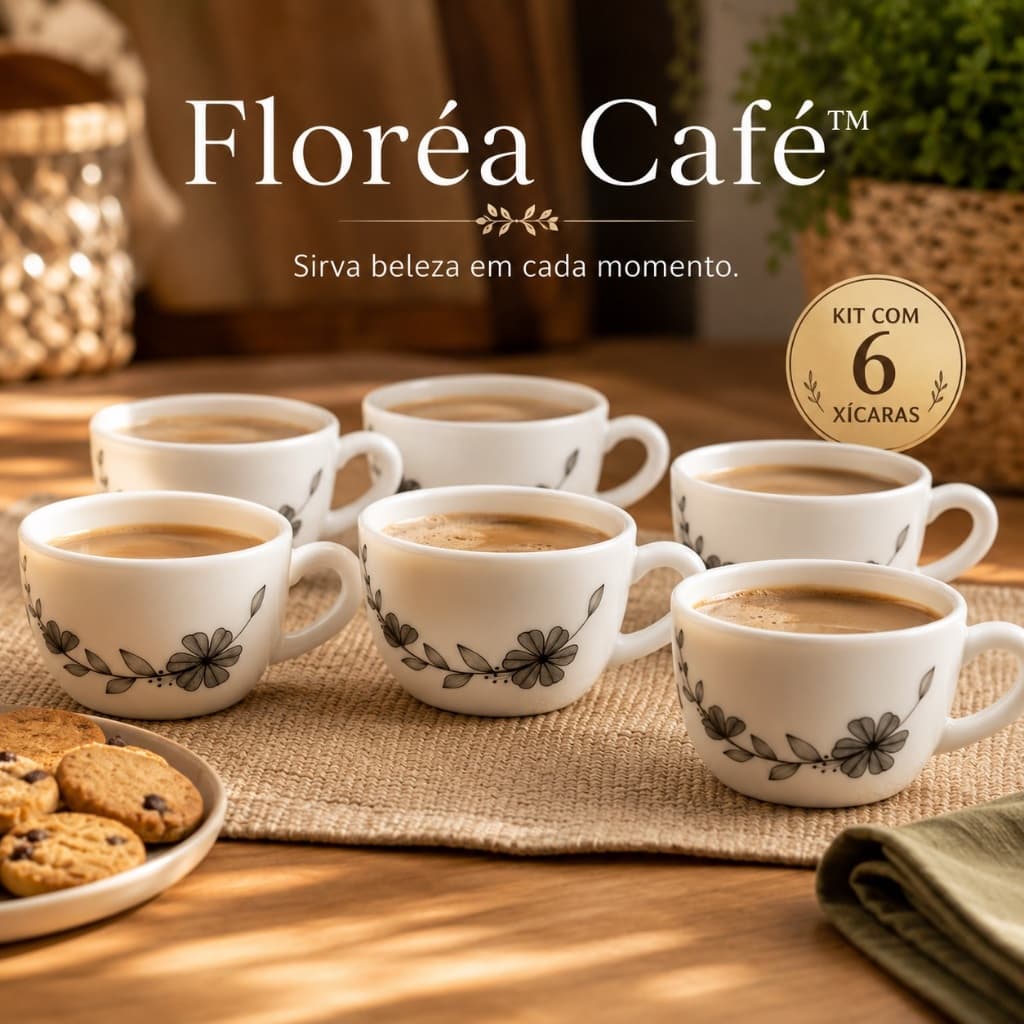 Conjunto 6 Xicaras Cafe Porcelana Branca Capacidade 130ml Floral Elegante