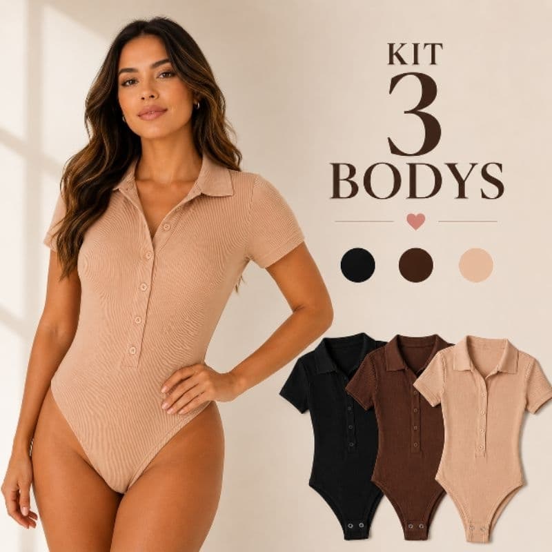 Kit Body Camisa Feminino Manga Curta Canelado Gola Polo 3  Peças