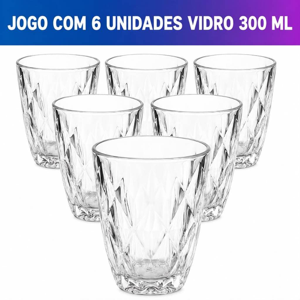 Jogo 6 Copos de Vidro Hauskraft Plaza – Copo Baixo para Água Suco Drink Whisky - Copo Diamante Luxo Elegante 300ml