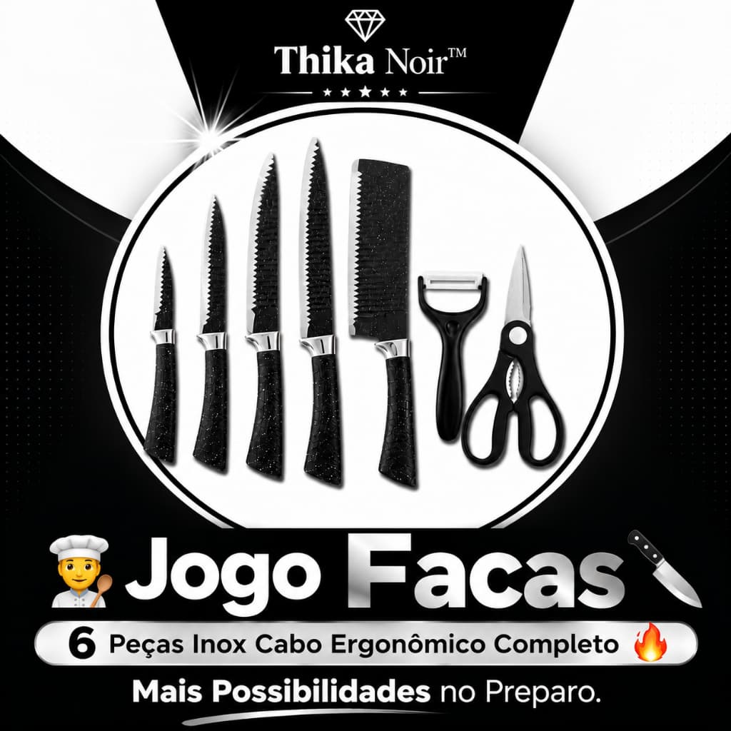 🔥 Jogo de Facas Inox 6 Peças 🔪 | Cozinha 🍳 | Cabo Ergonômico 🖤 | Tesoura ✂️ + Descascador 🥕 | Kit Completo