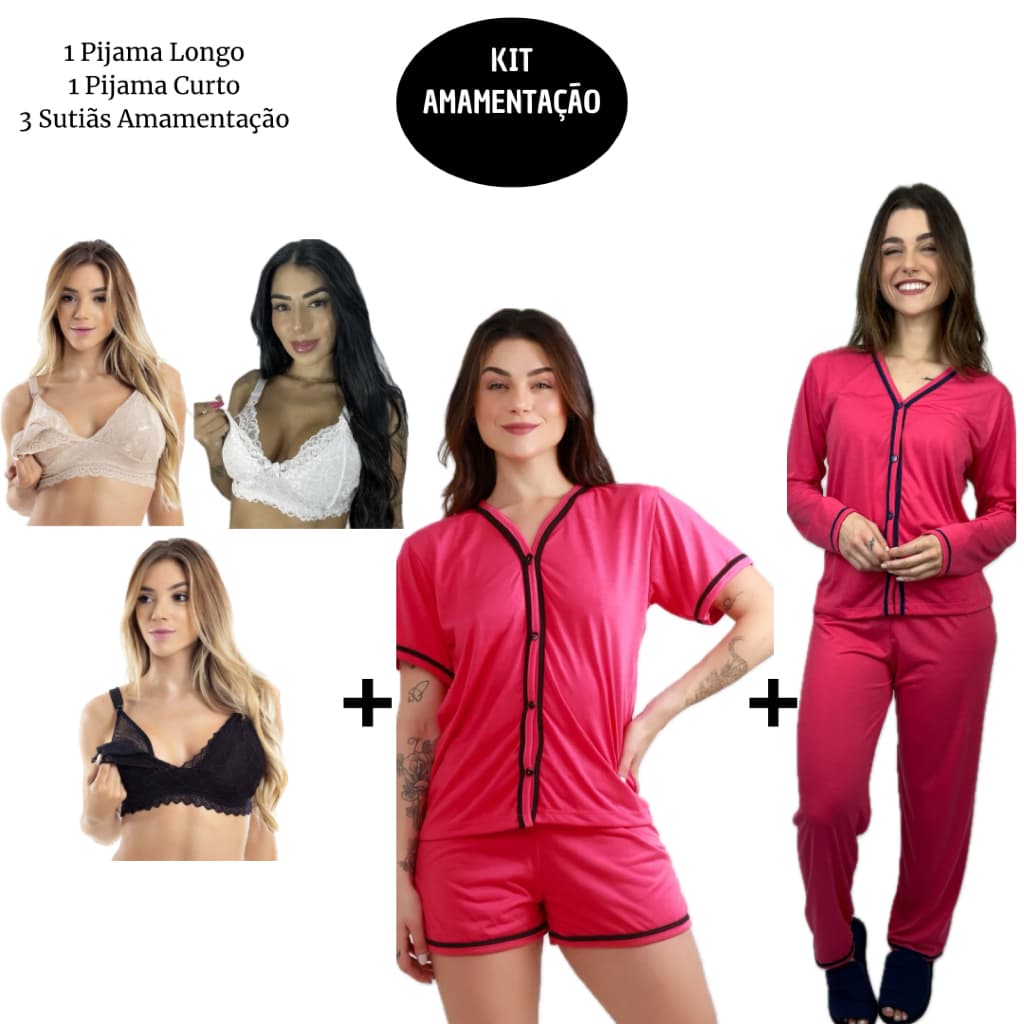 Kit Maternidade Gestante Pijama Americano Longo Curto 3 Sutiãs Amamentanção Maternidade