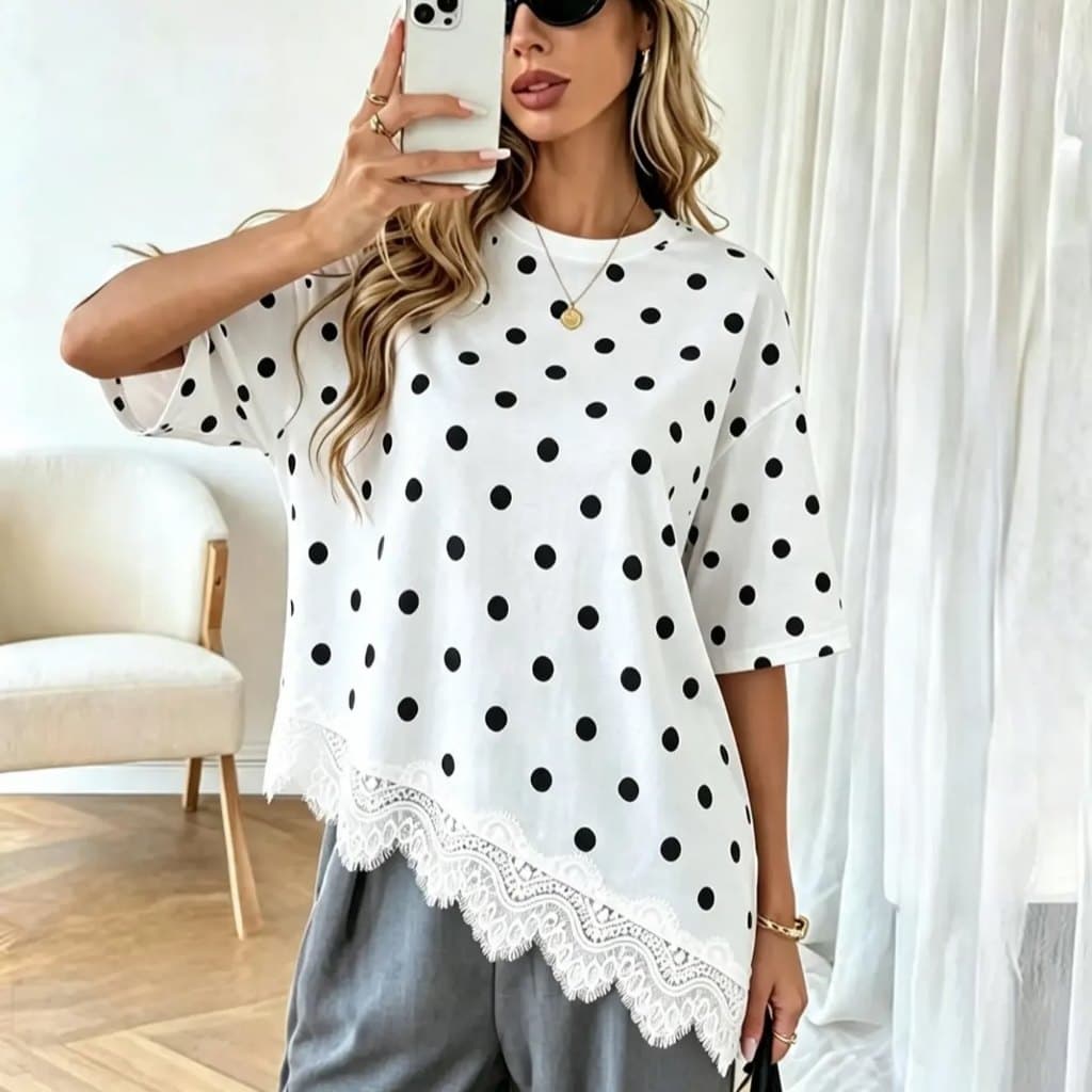 Camisa Feminina Manga Longa Assimétrico Poa Tecido Viscolycra Moda Feminino Tendencia
