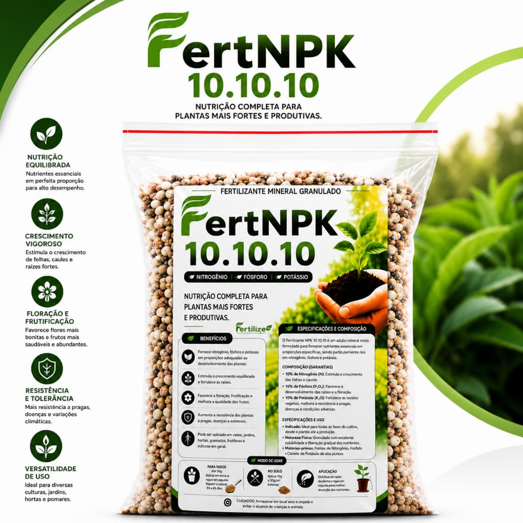 Adubo NPK 10.10.10 Fertilizante Premium Rosas do Deserto, Orquídeas, Folhagens, hortaliças, frutíferas,