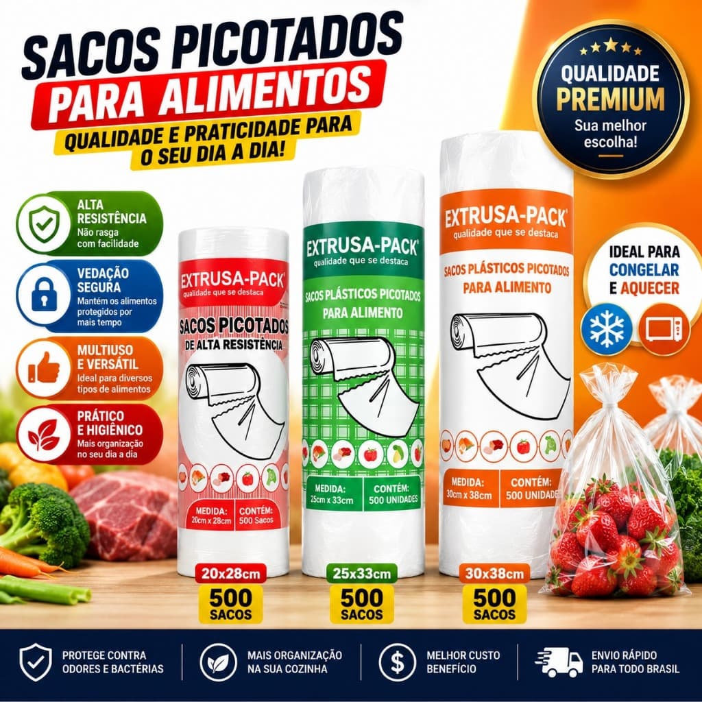 500 Sacos Plásticos Picotados Para Alimentos 20x28cm  Rolo Descartável Cozinha Freezer Micro-ondas