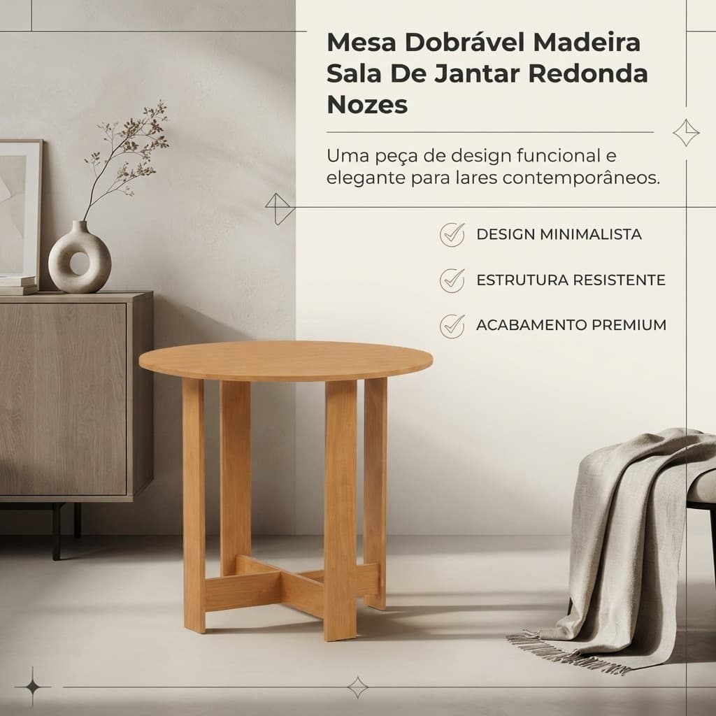 Mesa Dobrável Madeira Sala De Jantar Redonda Nozes