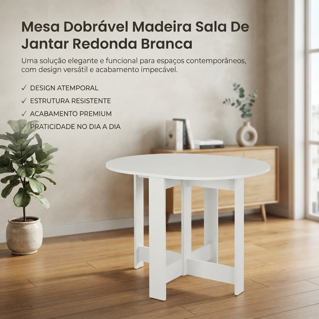 Mesa Dobrável Madeira Sala De Jantar Redonda Branca