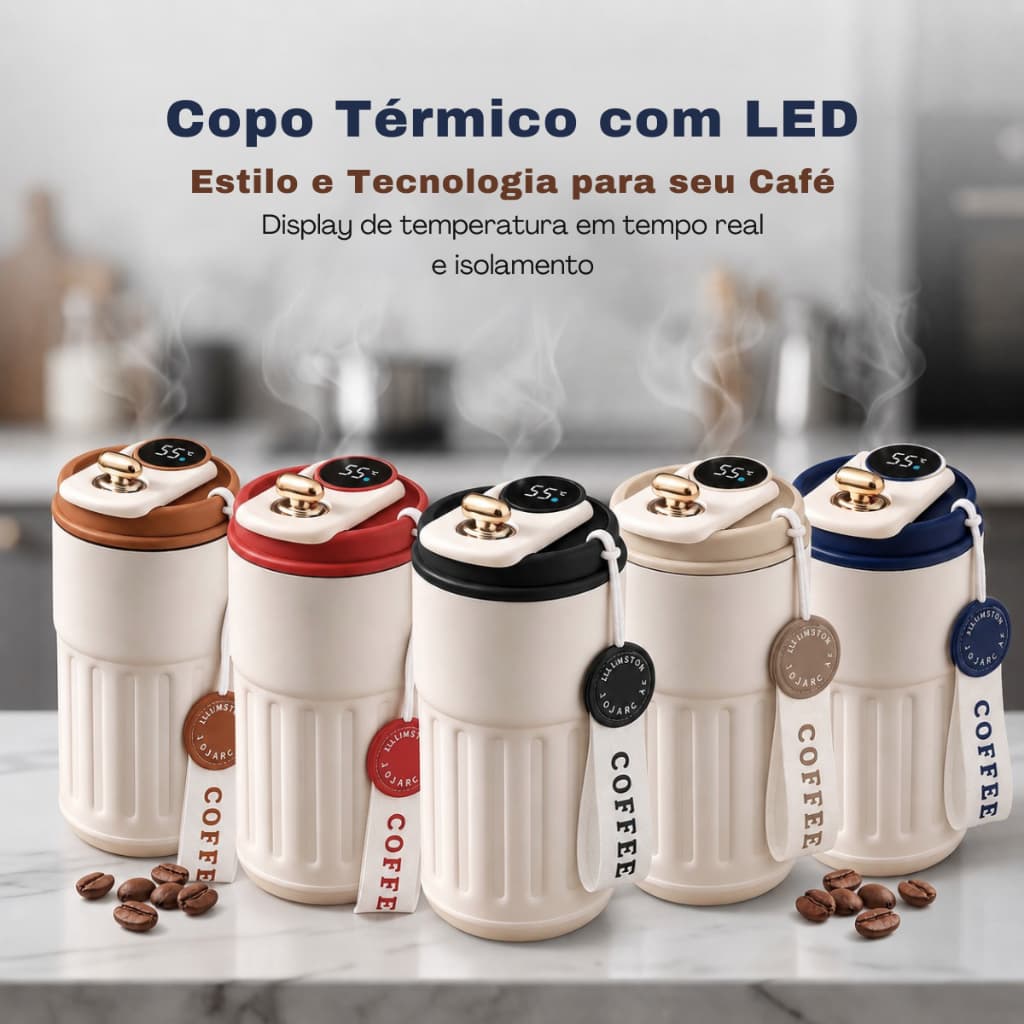 Copo Térmico de Cafe 450 ml Inox com Display Digital Tampa Trava Mantém Bebidas Quentes ou Frias