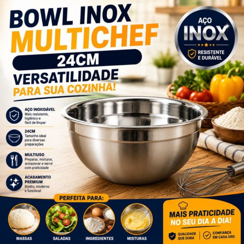 Tigela Bowl Inox 24cm Multiuso para Cozinha Massas Saladas e Preparo