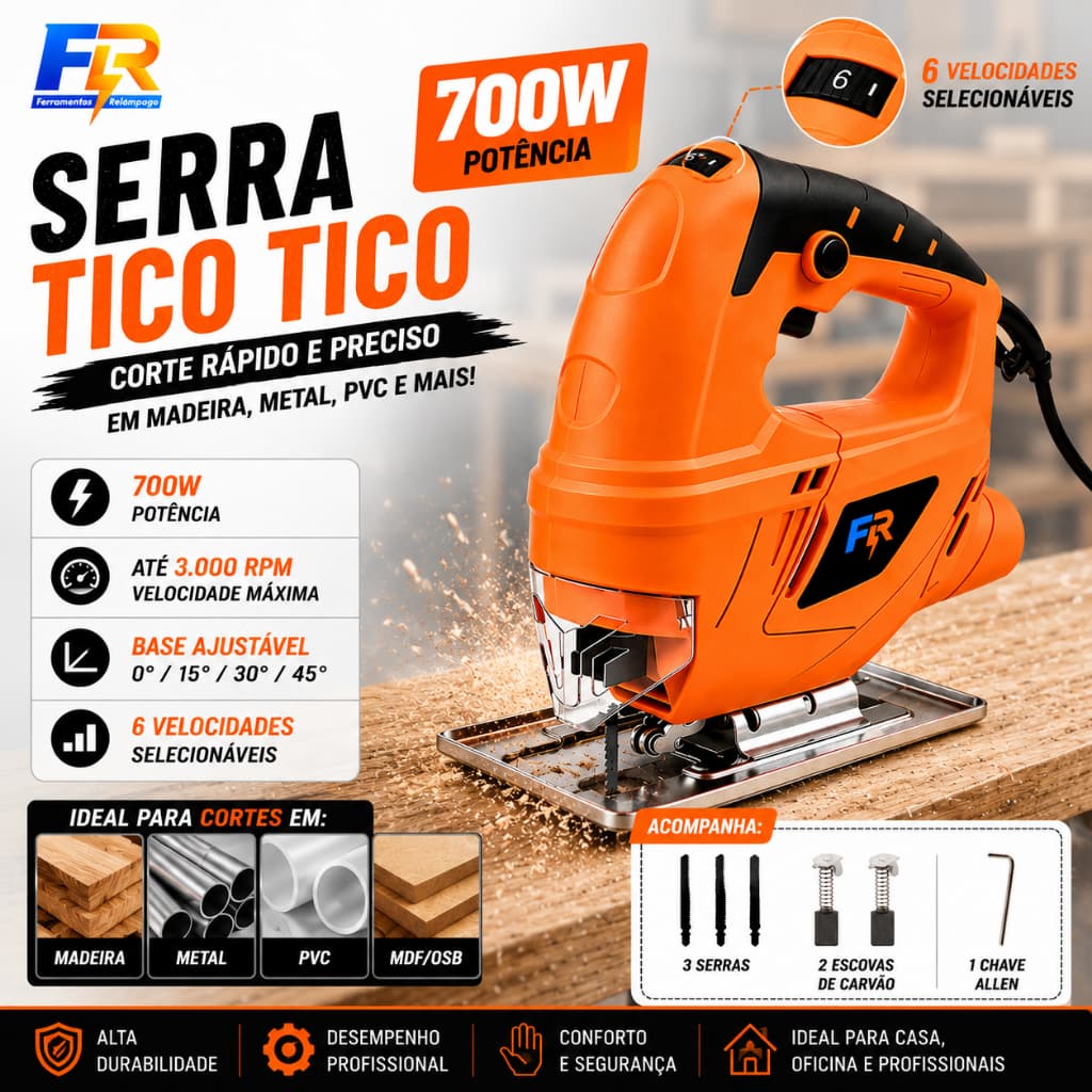 Serra Tico Tico Elétrica 700W 110V/220V  Base Ajustável com Lâminas com 6 Velocidades Selecionáveis