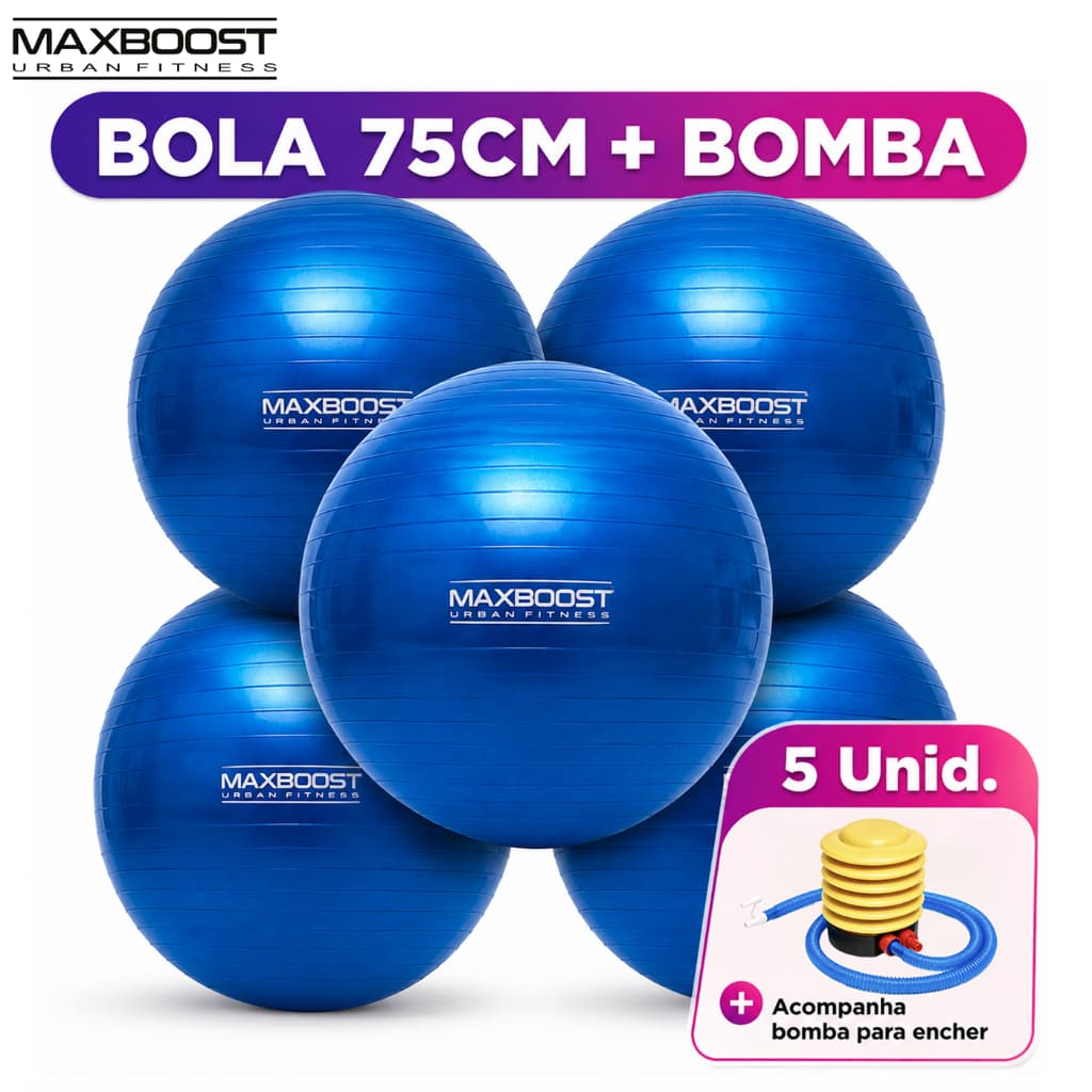 Kit 5 Bolas Pilates Maxboost 75cm para Yoga, Fitness, Reabilitação, Equilíbrio e Exercícios Corporais