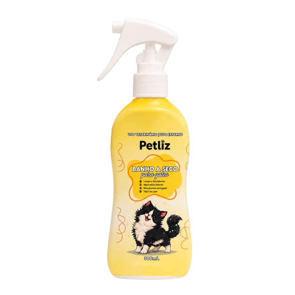 Banho a Seco para Gatos Spray Higienizador Limpeza sem Água Neutraliza Odores Petliz 300ml