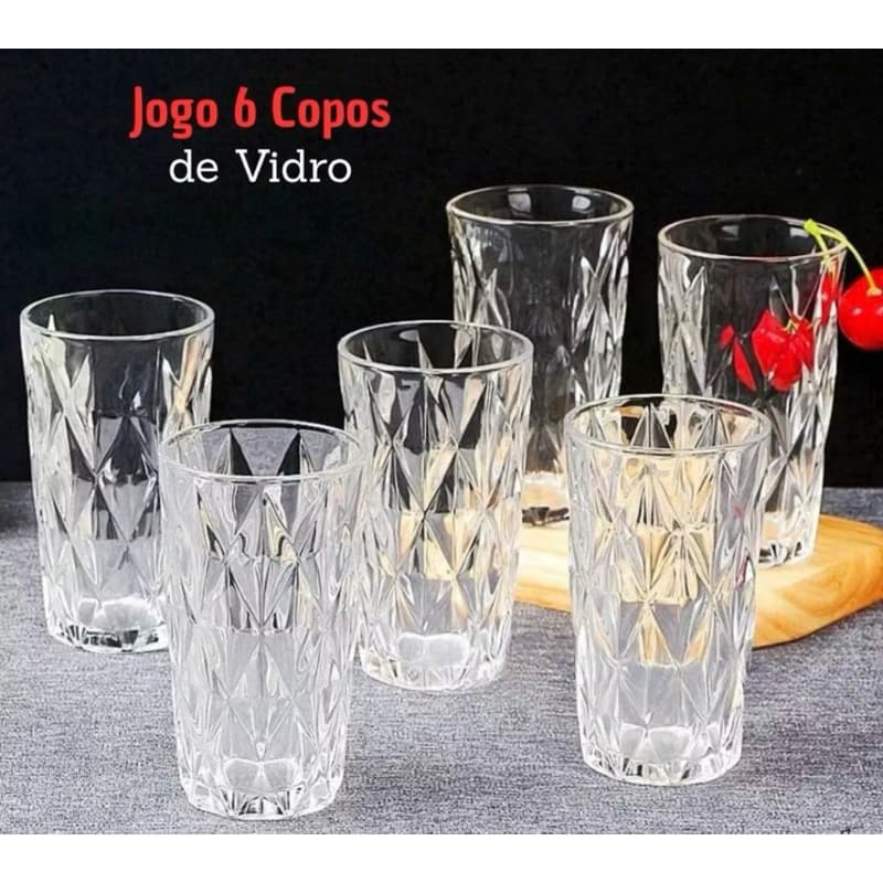 Jogo 6 Copos Vidro Diamond 330ml Grosso Alto Diamante