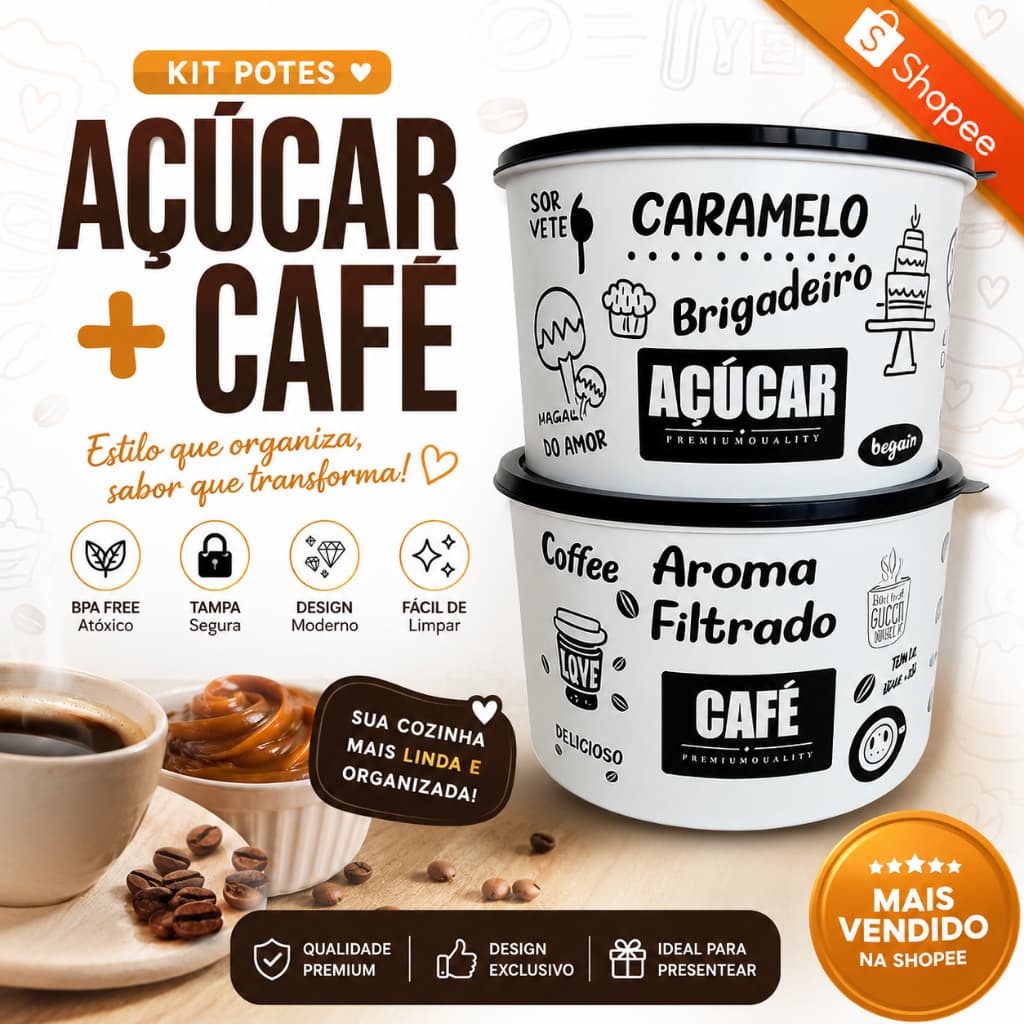 Kit 2 Potes Porta Mantimentos 2 Litros Café e Açúcar com Tampa Hermética Organizador de Cozinha