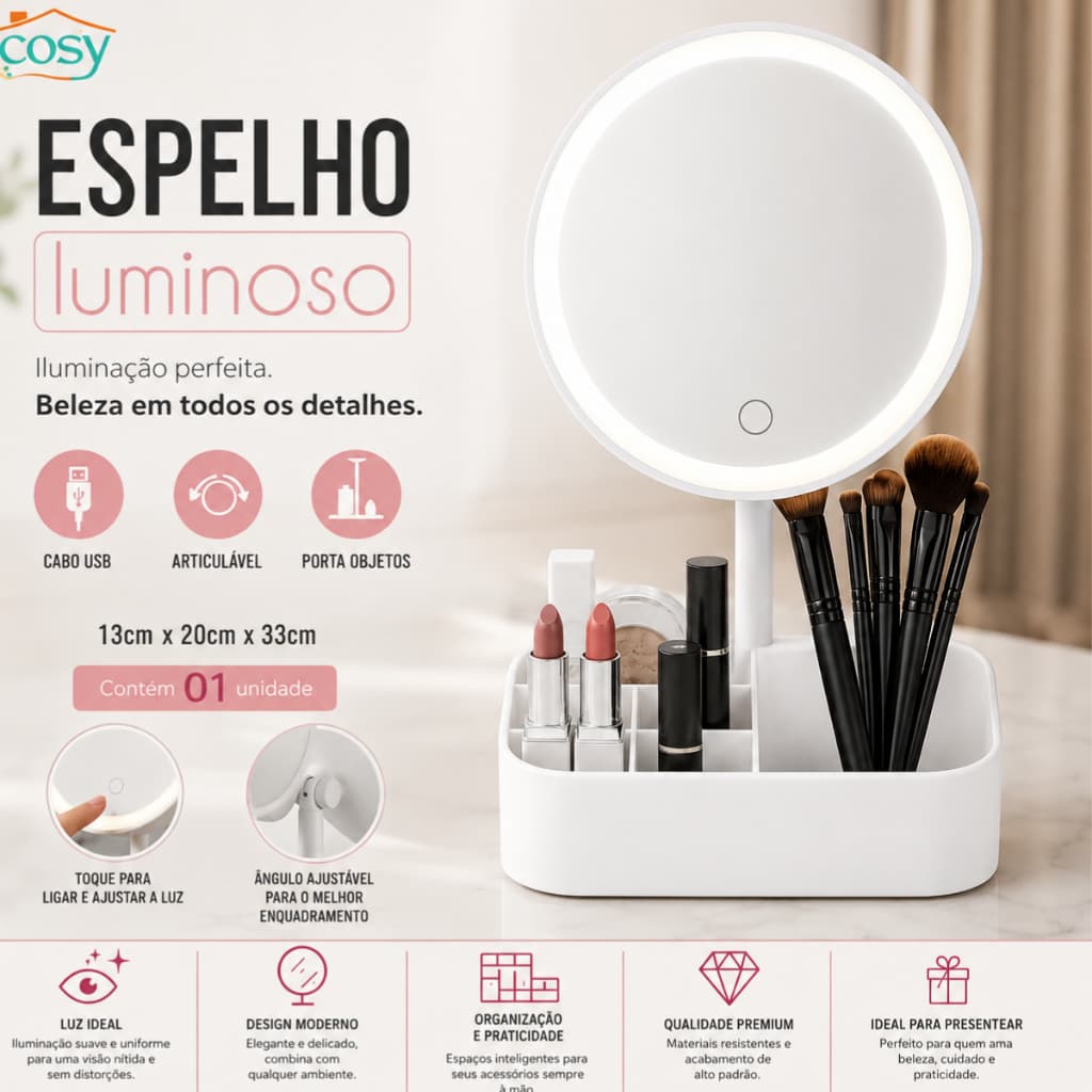 espelho de mesa luminoso com led e organizador