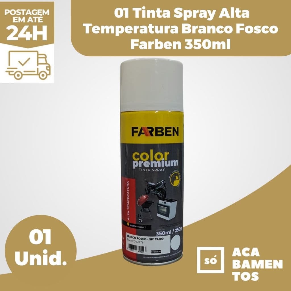 01 Spray Color Premium Alta Temperatura Branco Fosco 350ml  Farben Automotivo Chaminé, Escapamento de Moto, Fogão