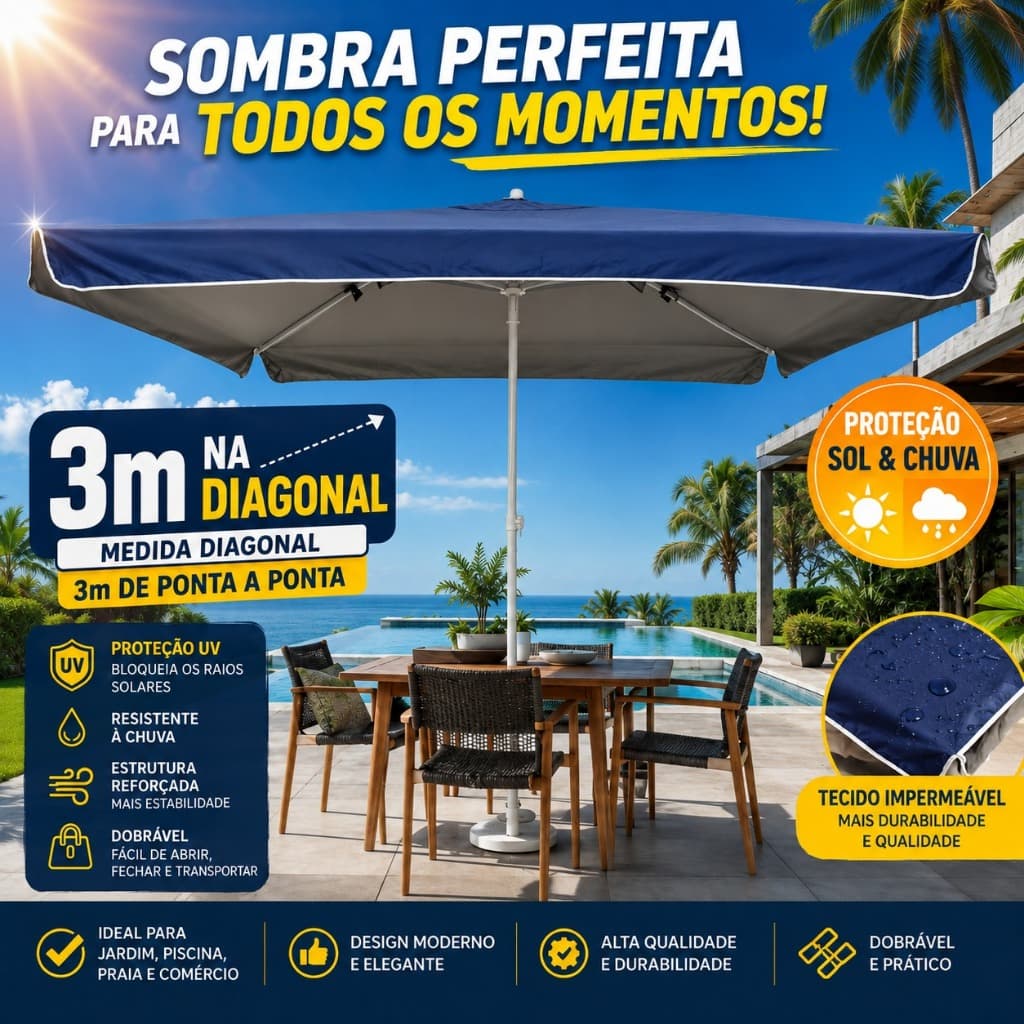 Guarda Sol Gigante 3X3M Quadrado 3M Aberto Reforçado Contra Uv Para Praia 3X3