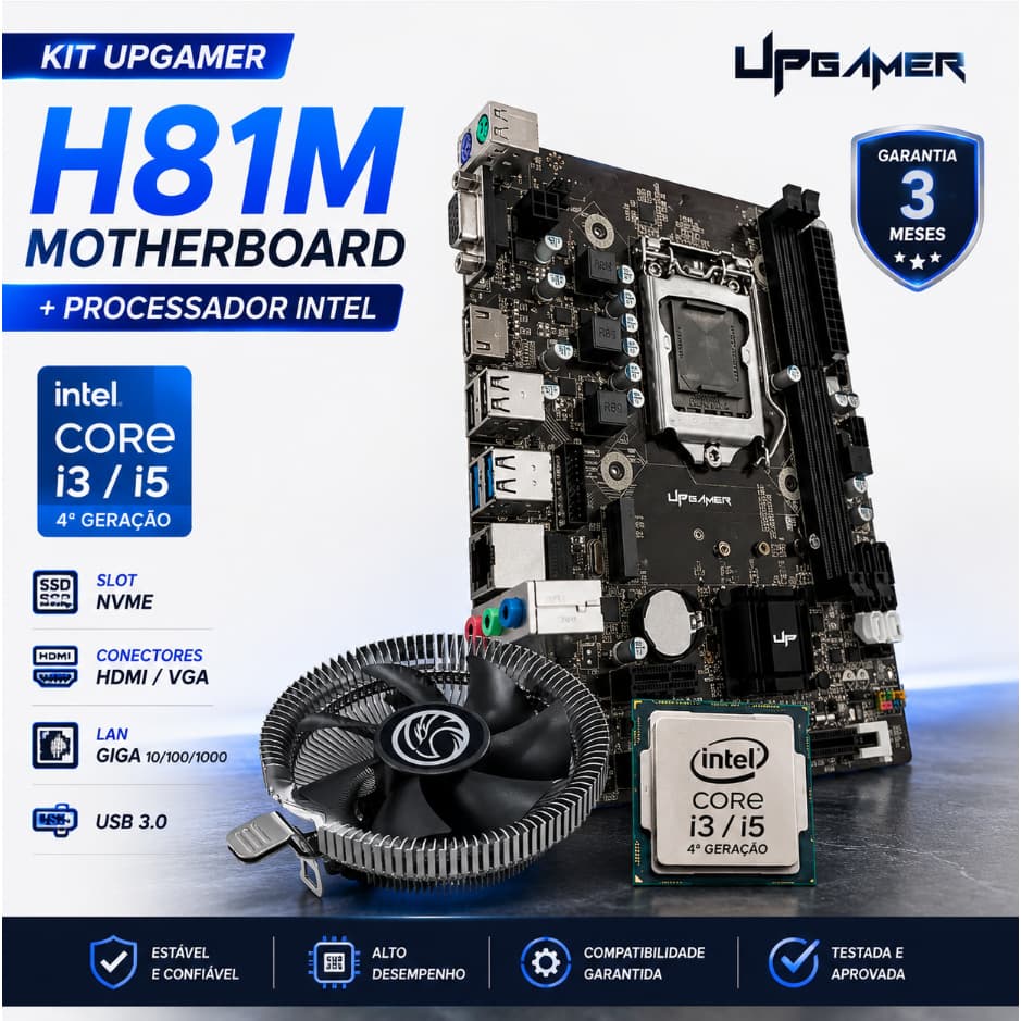 Kit Placa Mãe Upgamer H81M Nova + Processador Intel i3 ou i5 4ª Geração + Cooler - DDR3 Sata Nvme - Escolha a Opção