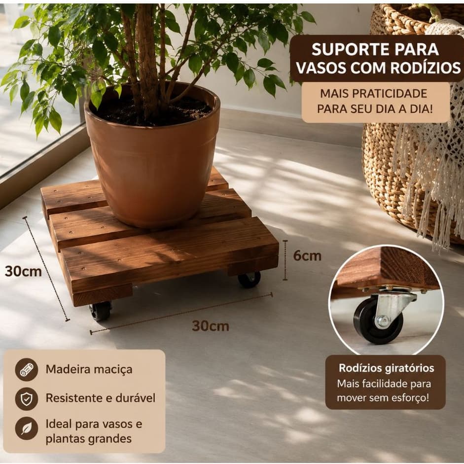 Suporte com rodinhas para vaso de plantas e botijão de Gás em madeira maciça envernizado Nogueira