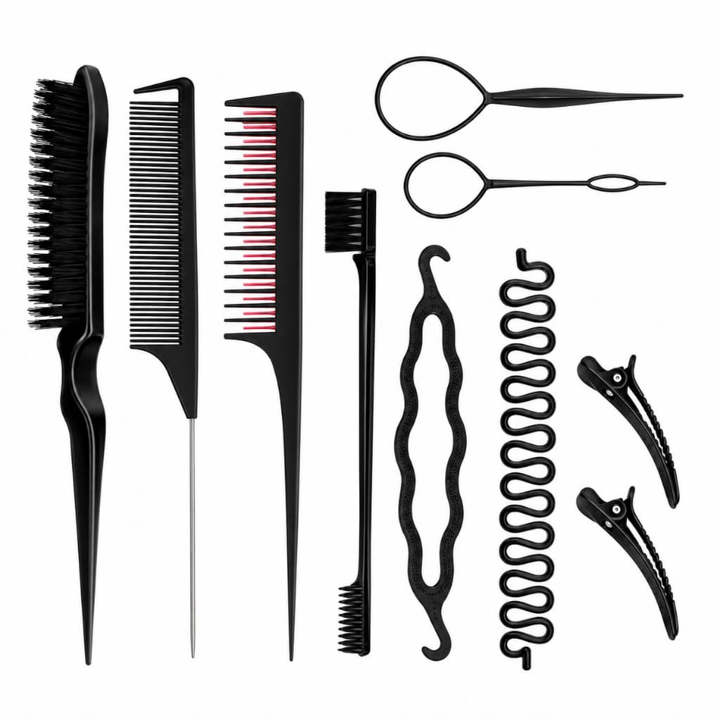 ANA1108 Conjunto 10 Peças Para Trança Coque e Penteado Com Escovas Pentes Presilhas e Acessórios