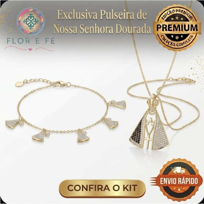 Colar e Kit Colar e Pulseira Nossa Senhora Aparecida Ouro 18k Antialérgico Cravejado