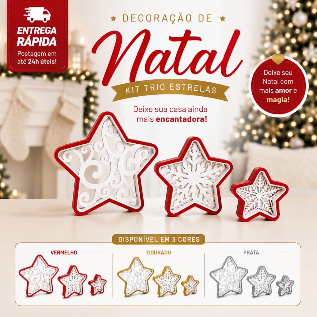 Kit 3 Estrelas Decorativas de Natal Enfeite Natalino para Casa Sala Estante Mesas Presente Criativo