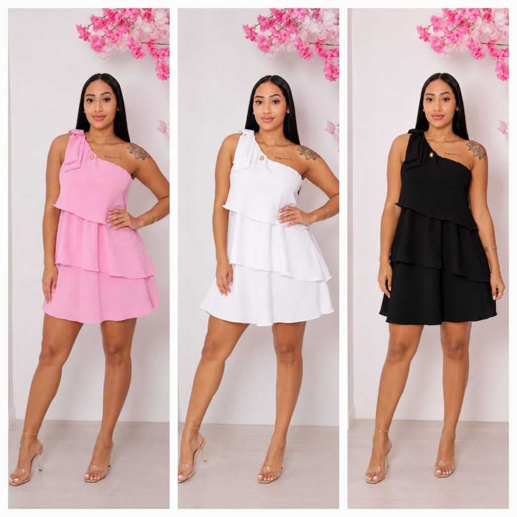 Vestido Curto Feminino Ombro Único| Babados Elegante Rosado | Vestido Festa Casual Chiv | Tecido Leve Confortável Moda