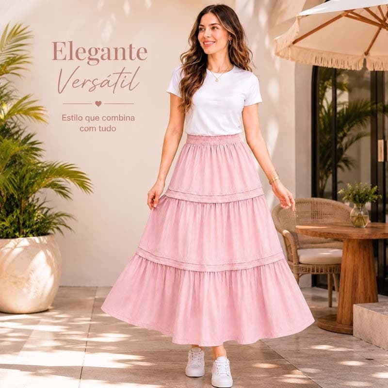 Saia feminina estilosa, longa e fluida, com cintura elástica — ideal para praia, férias, viagens e uso no dia a dia.