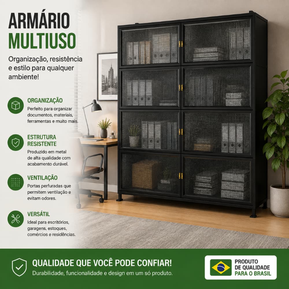 Estante Armário de Aço Preto Multiuso 4 Portas com Vidro para Organização de Ferramentas Livros Objetos